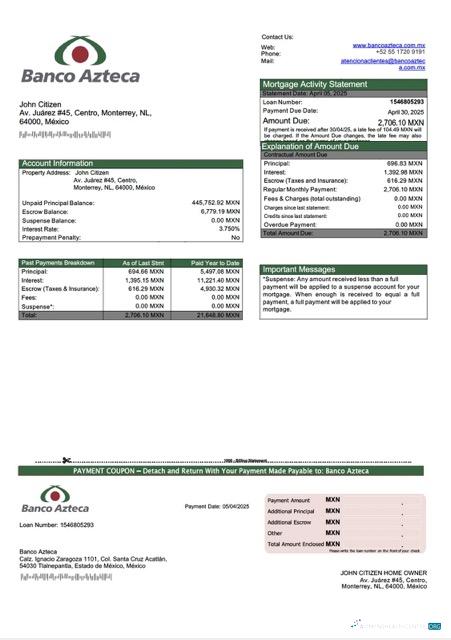 Download Mexico Banco Azteca mortgage statement Word and PDF template Photoshop template